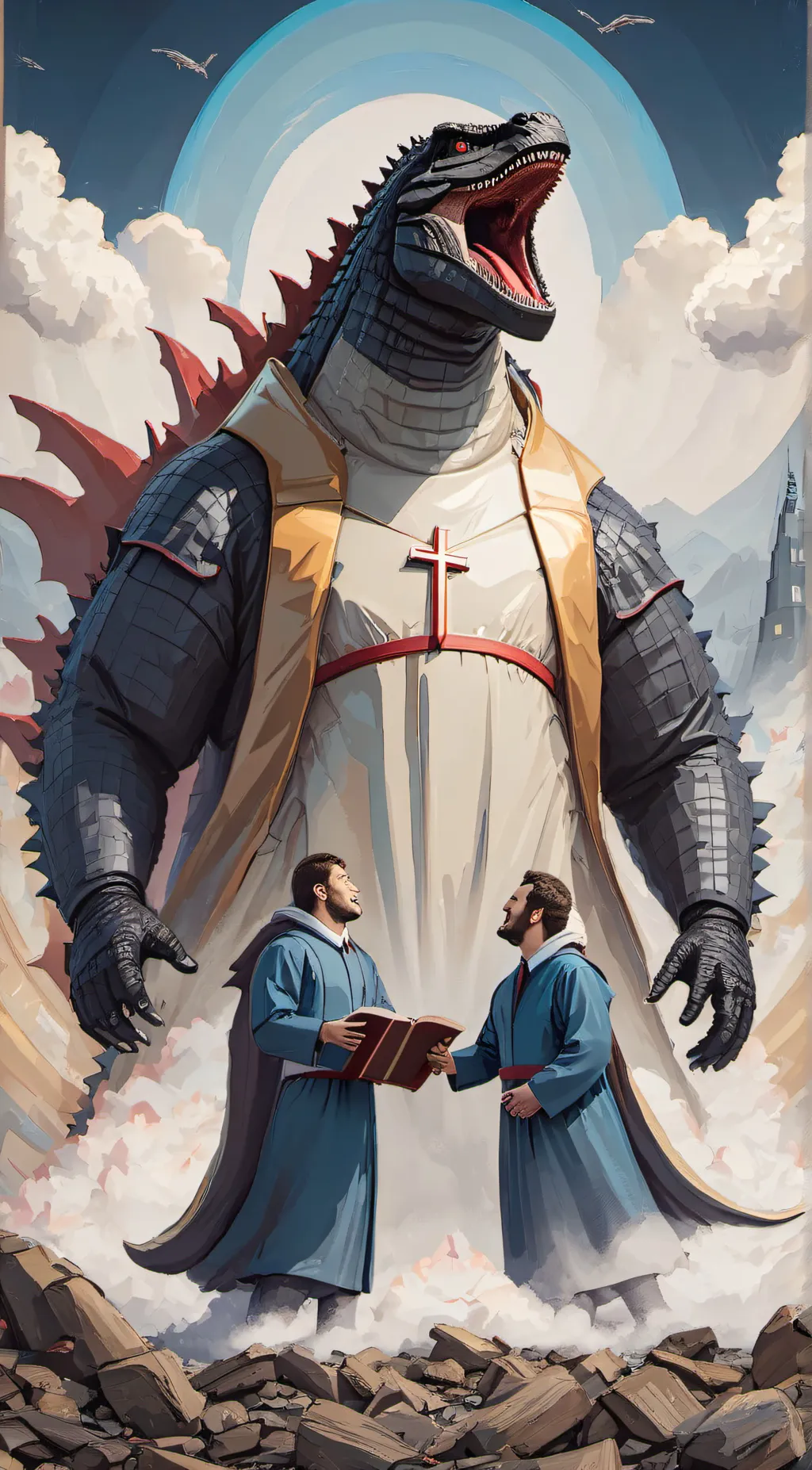 ai character: Godzilla  background