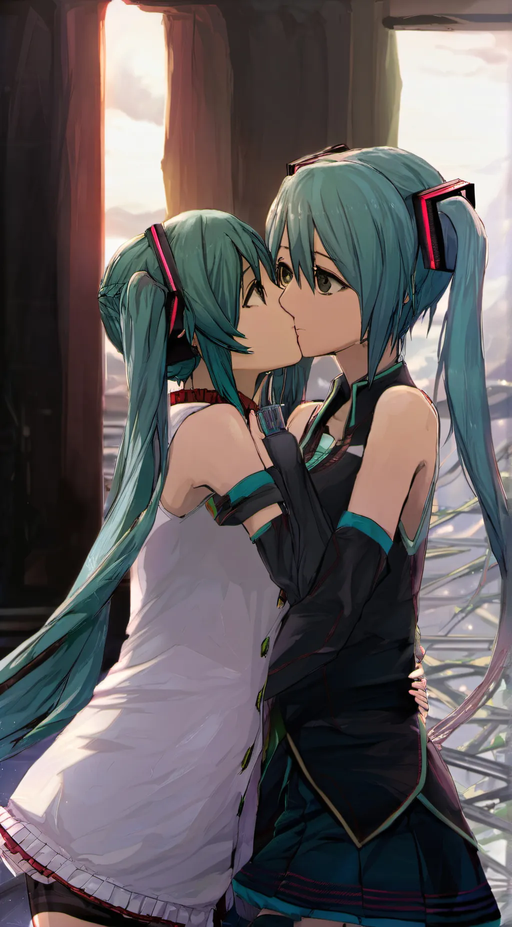 ai character: Miku kissing Miku background