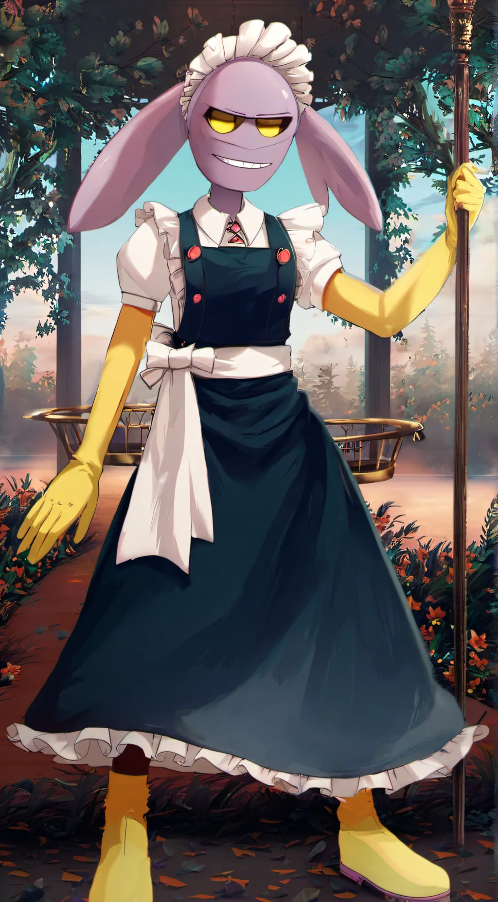 ai character: Jax in a maid dres background