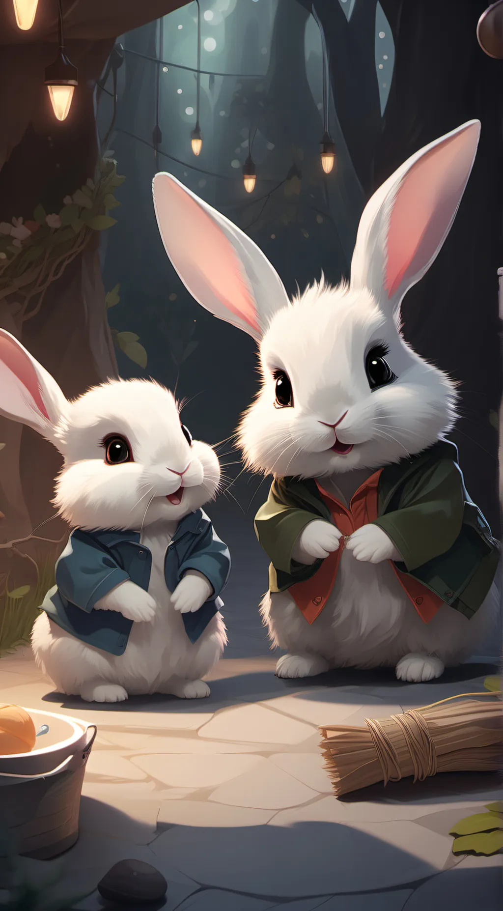 ai character: 2 cute rabbits  background