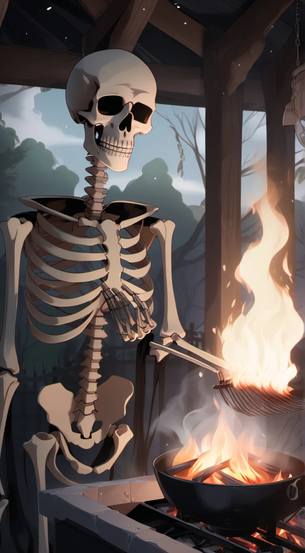 ai character: Skeleton roasting background