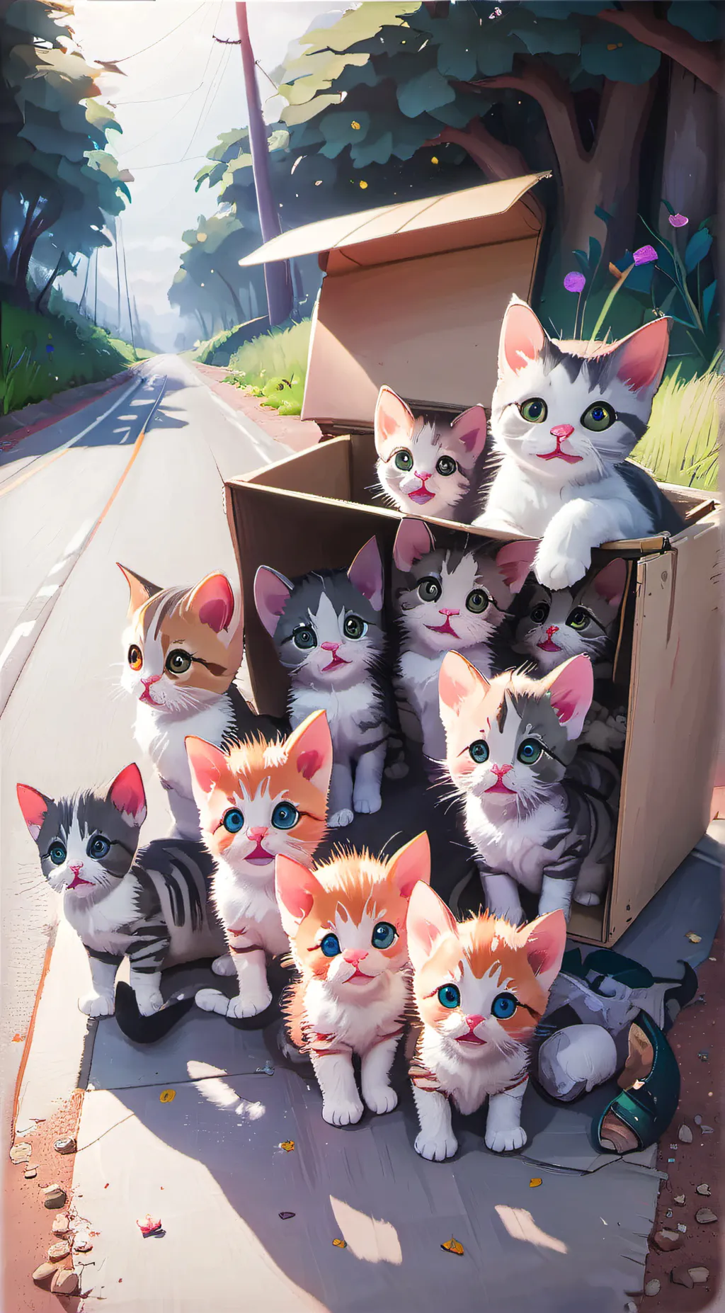 ai character: Mama cat + babies  background