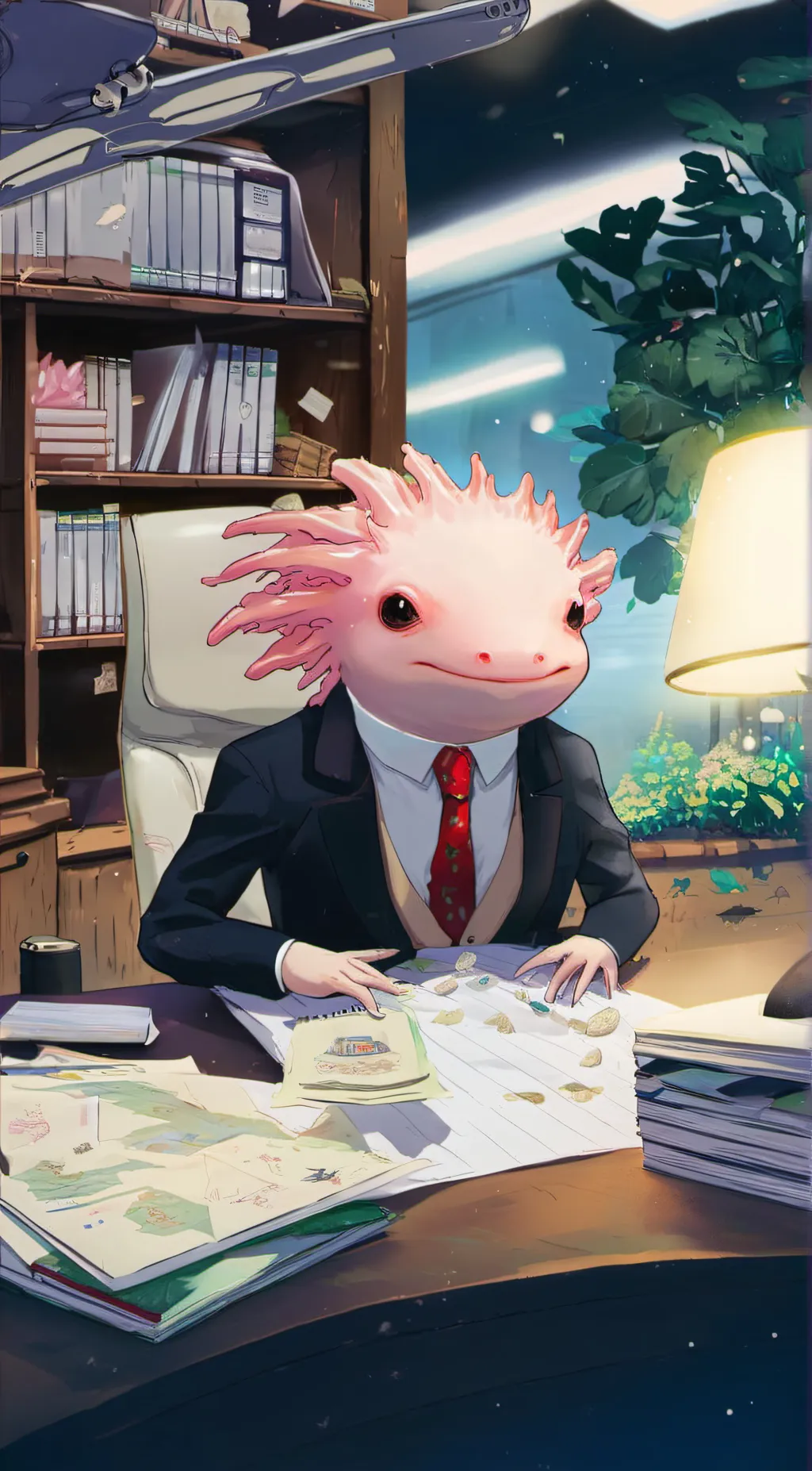 ai character: A business axolotl background